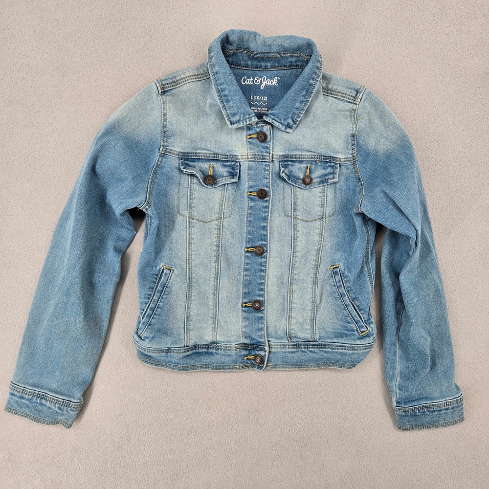 Cat & Jack Girls L 10/12 Denim Jacket Light Wash Classic Casual Trucker